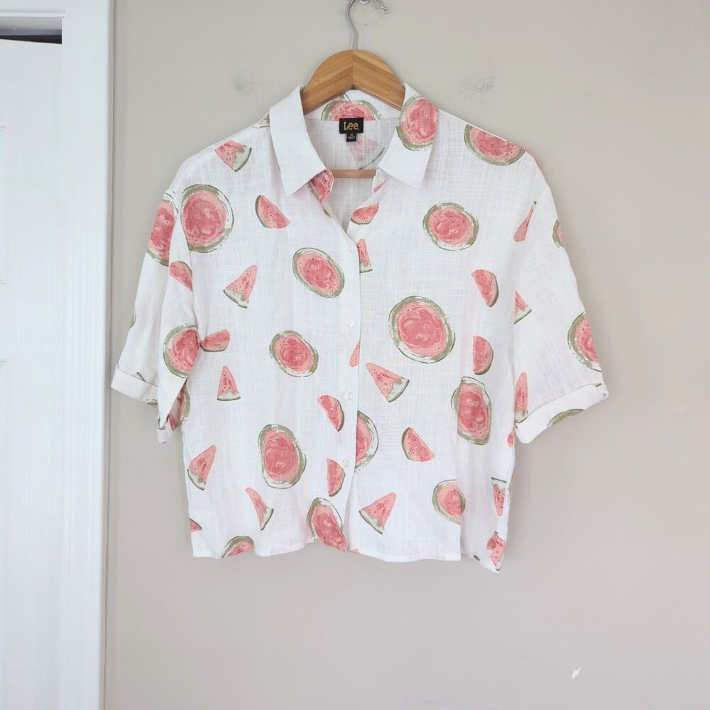 Lee Watermelon Print Short Sleeve Boxy Button Up Shirt Linen Viscose Medium